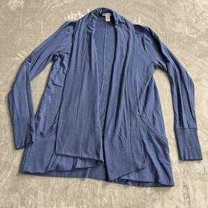 Athleta Cardigan Sweater Womens Medium Blue Open Front Long Sleeve Knit Pockets
